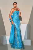 Mermaid Peacock Blue Sequin Strapless Long Prom Dress with Bow Streamer