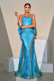 Mermaid Peacock Blue Sequin Strapless Long Prom Dress with Bow Streamer