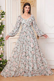 A Line Green Floral Printed Long Sleeves Long Prom Dress