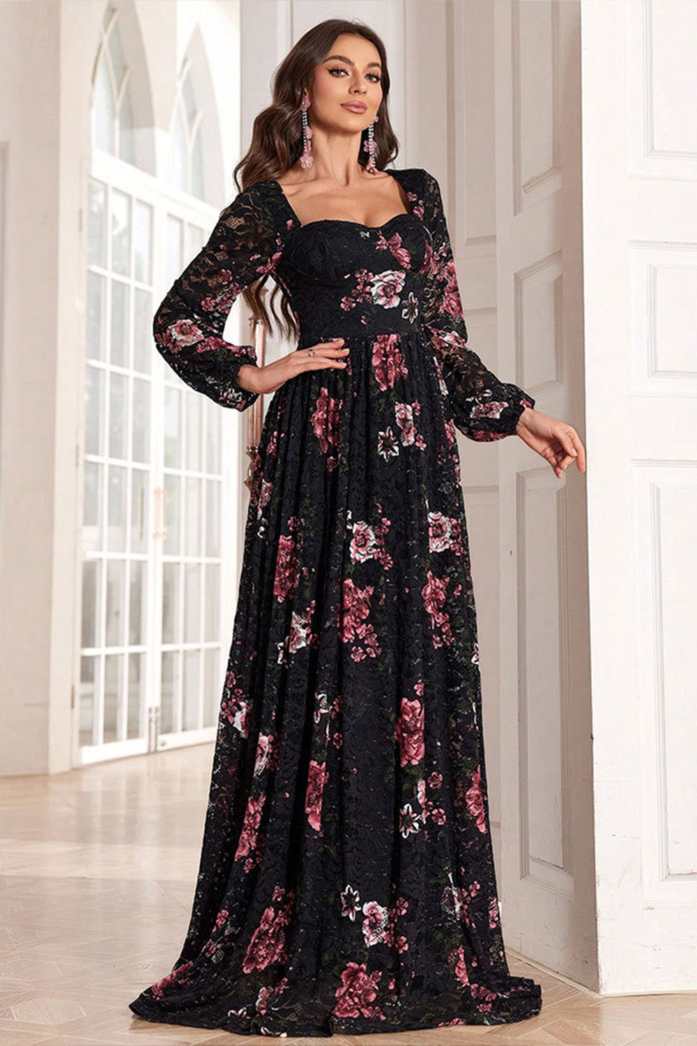 Zapaka Women A Line Prom Dress Long Sleeves Square Neck Floral Print Black Long Formal Dress Zapaka CA Zapaka Women A Line Prom Dress Long Sleeves Square Neck Floral Print Black Long Formal Dress Zapaka CA