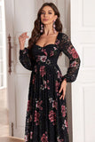 A Line Long Sleeves Floral Print Black Long Prom Dress