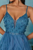 Sparkly Spaghetti Straps Grey Blue Tulle A Line Prom Dress