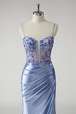 Sparkly Blue Mermaid Satin Floral Long Prom Dress with Slit