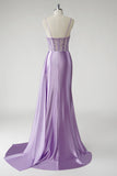 Sparkly Purple Corset Satin Side Cape Long Prom Dress with Slit