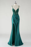 Sparkly Dark Green Spaghetti Straps Mermaid Prom Dress with Slit