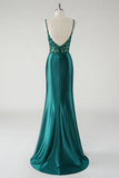 Sparkly Dark Green Spaghetti Straps Mermaid Prom Dress with Slit