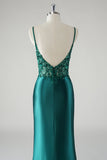 Sparkly Dark Green Spaghetti Straps Mermaid Prom Dress with Slit