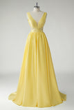 Yellow A Line Deep V-Neck Long Prom Dress