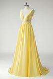 Yellow A Line Deep V-Neck Long Prom Dress