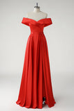 Red A Line Off the Shoulder Ruched Long Prom Dress