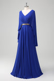 Royal Blue A Line V-neck Chiffon Long Mother Dress with Belt