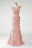 Green V-Neck Mermaid Appliques Sequins Cap Sleeves Prom Dress