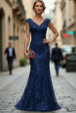 Dark Red Mermaid V-Neck Embroidered Mother Of The Bride Dress with Sequins