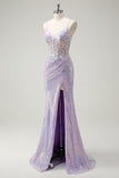 Sparkly Corset Lilac Mermaid Spaghetti Straps Prom Dress with Slit