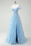 Sparkly Sky Blue Off The Shoulder A-Line Prom Dress with Slit