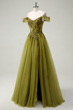 A-Line Army Green Off The Shoulder Long Prom Dress with Slit