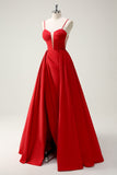 Red Ball-Gown Spaghetti Straps Lace Up Back Long Prom Dress with Slit