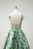 Sparkly Green Floral A-Line Spaghetti Straps Long Prom Dress