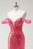 Fuchsia Mermaid Sequined Off The Shoulder Prom Dress