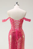 Fuchsia Mermaid Sequined Off The Shoulder Prom Dress