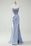 Light Blue Mermaid Ruched Long Prom Dress with Appliqued Beading