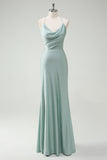 Sage Mermaid Spaghetti Straps Ruched Long Prom Dress with Lace Up Back