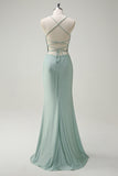 Sage Mermaid Spaghetti Straps Ruched Long Prom Dress with Lace Up Back