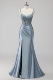 Grey Blue Corset Satin Mermaid Beaded Ruched Long Plus Size Prom Dress with Slit