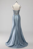 Grey Blue Corset Satin Mermaid Beaded Ruched Long Plus Size Prom Dress with Slit