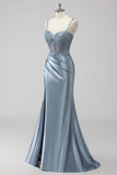 Blush Satin Mermaid Sequin Long Prom Dress with Slit
