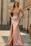 Blush Satin Mermaid Sequin Long Prom Dress with Slit