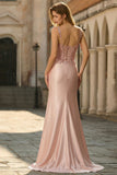 Blush Satin Mermaid Sequin Long Prom Dress with Slit