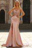 Blush Satin Mermaid Sequin Long Prom Dress with Slit