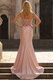 Blush Satin Mermaid Sequin Long Prom Dress with Slit