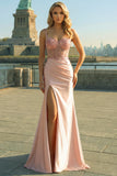 Blush Satin Mermaid Sequin Long Prom Dress with Slit