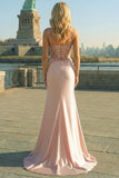 Blush Satin Mermaid Sequin Long Prom Dress with Slit