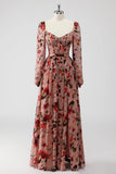 Dusty Rose Floral Corset A Line Long Sleeves Wedding Guest Dress with Slit