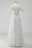 White Floral Cold Shoulder A Line Wedding Guest Dress with Slit
