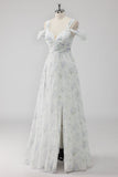 White Floral Cold Shoulder A Line Wedding Guest Dress with Slit