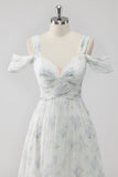 White Floral Cold Shoulder A Line Wedding Guest Dress with Slit