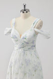 White Floral Cold Shoulder A Line Wedding Guest Dress with Slit