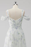 White Floral Cold Shoulder A Line Wedding Guest Dress with Slit