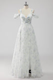 White Floral Cold Shoulder A Line Wedding Guest Dress with Slit