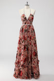 Dusty Rose Halter Flowers A Line Wedding Guest Dress with Slit