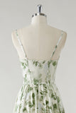 Green Flower A-Line Spaghetti Straps Ruched Corset Long Bridesmaid Dress