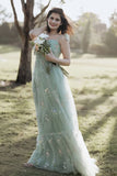 Green Tulle A-Line Spaghetti Straps Ruched Long Prom Dress with Embroidery