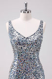 Sparkly Silver Bodycon V-Neck Short Homecoming Dress with Sequins