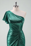 Dark Green Metallic One Shoulder Mermaid Cocktail Dress with Ruffles