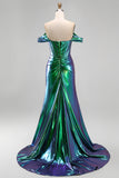 Metallic Emerald Green Off the Shoulder Mermaid Corset Ruched Long Prom Dress with Side Slit