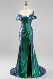 Metallic Emerald Green Off the Shoulder Mermaid Corset Ruched Long Prom Dress with Side Slit